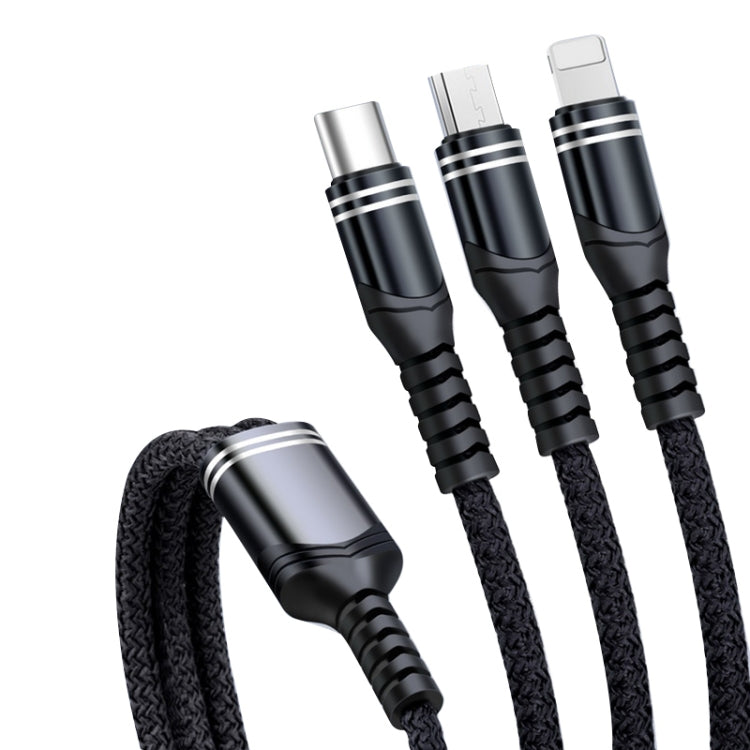 كابل بيانات مضفر 3 في 1 USB بقوة 6A 66W إلى 8 دبابيس + Micro USB + USB-C / Type-C للشحن السريع، USB إلى 8 دبابيس + Micro USB + Type-C
