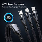 كابل بيانات مضفر 3 في 1 USB بقوة 6A 66W إلى 8 دبابيس + Micro USB + USB-C / Type-C للشحن السريع، USB إلى 8 دبابيس + Micro USB + Type-C