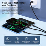 كابل بيانات مضفر 3 في 1 USB بقوة 6A 66W إلى 8 دبابيس + Micro USB + USB-C / Type-C للشحن السريع، USB إلى 8 دبابيس + Micro USB + Type-C