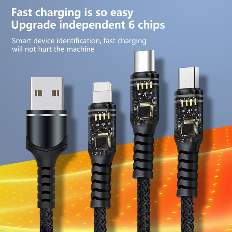 كابل بيانات مضفر 3 في 1 USB بقوة 6A 66W إلى 8 دبابيس + Micro USB + USB-C / Type-C للشحن السريع، USB إلى 8 دبابيس + Micro USB + Type-C