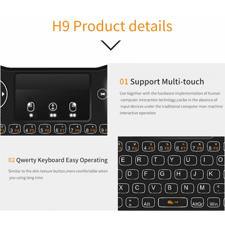 H9 2.4GHz Mini Wireless Air Mouse QWERTY Keyboard with White Backlight & Touchpad for PC, TV, with White Backlight