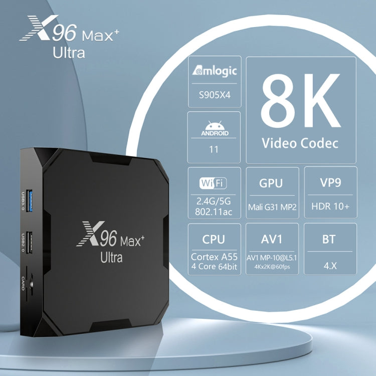 جهاز تلفاز ذكي H96 Max+ Ultra بمعالج Amlogic S905X4، 4 جيجابايت + 32 جيجابايت، بدقة 8K، أندرويد 11.0، قابس المملكة المتحدة، قابس الولايات المتحدة، قابس الاتحاد الأوروبي، قابس أستراليا