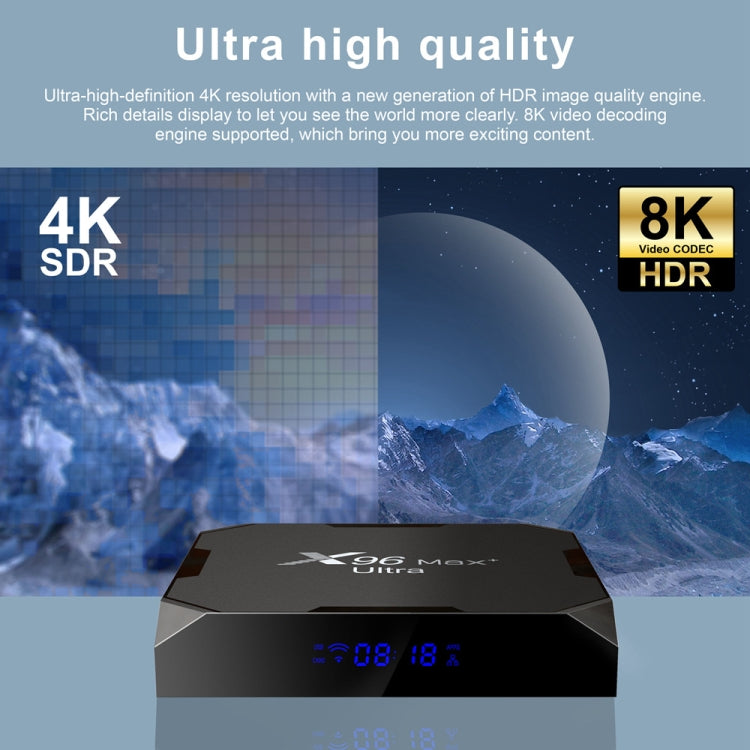 جهاز تلفاز ذكي H96 Max+ Ultra بمعالج Amlogic S905X4، 4 جيجابايت + 32 جيجابايت، بدقة 8K، أندرويد 11.0، قابس المملكة المتحدة، قابس الولايات المتحدة، قابس الاتحاد الأوروبي، قابس أستراليا