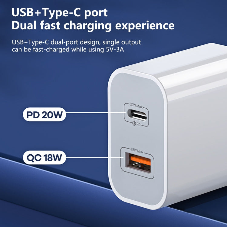 شاحن REMAX RP-U68 Speedy Series 20 واط USB + منفذ USB-C / Type-C للشحن السريع، قابس الصين، قابس الاتحاد الأوروبي، قابس المملكة المتحدة، قابس الولايات المتحدة