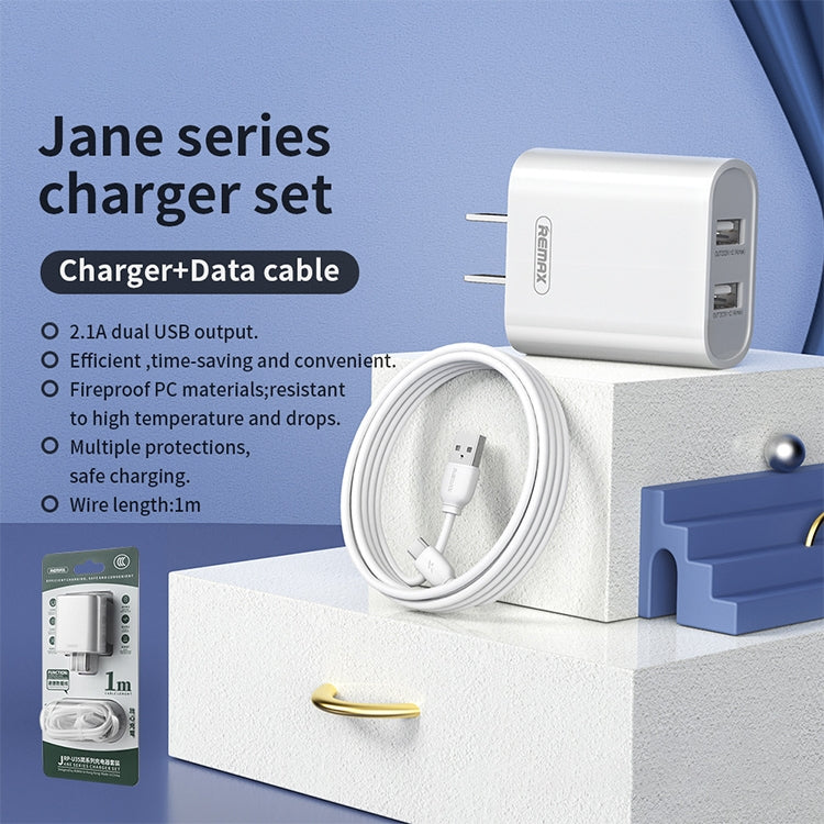 مجموعة شاحن سريع REMAX RP-U35 سلسلة Jane بمنفذين USB بقوة 2.1 أمبير، 8 دبابيس، Micro USB، USB-C/Type-C