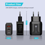 شاحن سفر بمنافذ PD Type-C بقوة 25 واط + USB QC3.0، قابس الولايات المتحدة، قابس الاتحاد الأوروبي