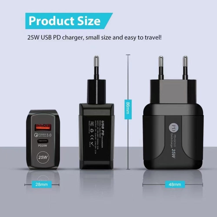شاحن سفر بمنافذ PD Type-C بقوة 25 واط + USB QC3.0، قابس الولايات المتحدة، قابس الاتحاد الأوروبي