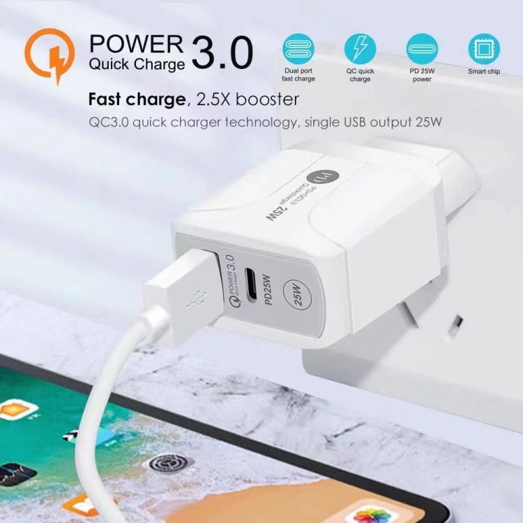 شاحن سفر بمنافذ PD Type-C بقوة 25 واط + USB QC3.0، قابس الولايات المتحدة، قابس الاتحاد الأوروبي