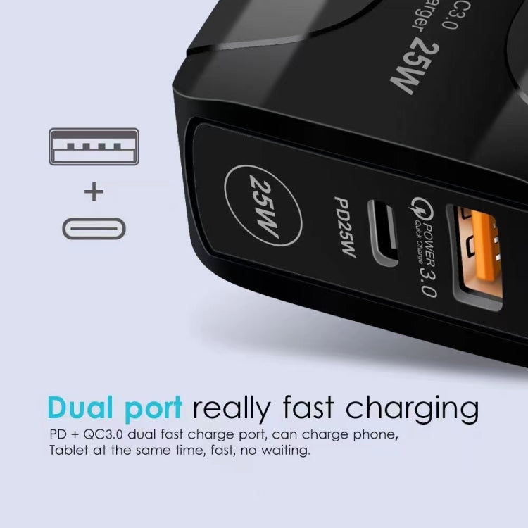 شاحن سفر بمنافذ PD Type-C بقوة 25 واط + USB QC3.0، قابس الولايات المتحدة، قابس الاتحاد الأوروبي