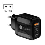 شاحن سفر بمنافذ PD Type-C بقوة 25 واط + USB QC3.0، قابس الولايات المتحدة، قابس الاتحاد الأوروبي