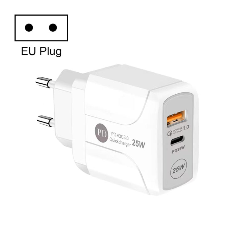 شاحن سفر بمنافذ PD Type-C بقوة 25 واط + USB QC3.0، قابس الولايات المتحدة، قابس الاتحاد الأوروبي