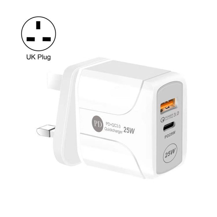 شاحن سفر 25 واط PD Type-C + منافذ USB QC3.0، قابس المملكة المتحدة