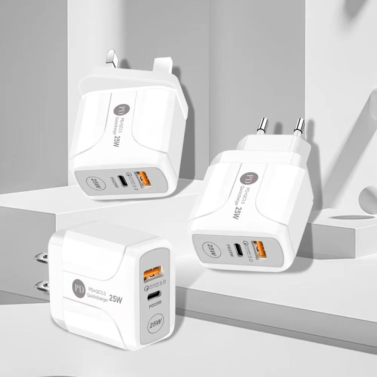 شاحن سفر 25 واط PD Type-C + منافذ USB QC3.0، قابس المملكة المتحدة