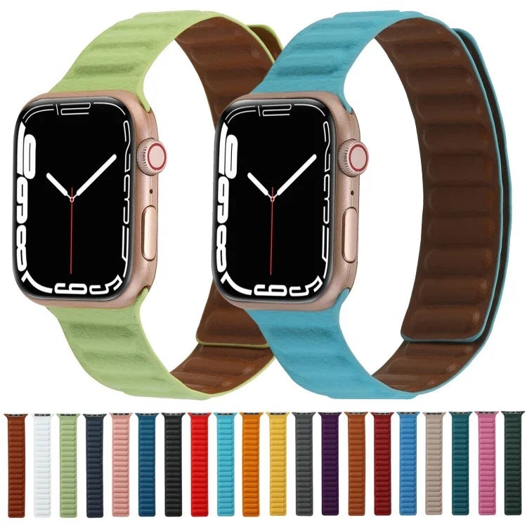 سوار ساعة جلد رفيع بحلقة مغناطيسية بلونين لسلسلة Apple Watch، 7 45مم / 6&SE&5&4 44مم / 3&2&1 42مم، 7 41مم / 6&SE&5&4 40مم / 3&2&1 38مم