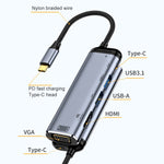 محول متعدد الوظائف 6 في 1 من نوع C إلى VGA+HDMI+USB مزدوج+USB-C مزدوج، Y002