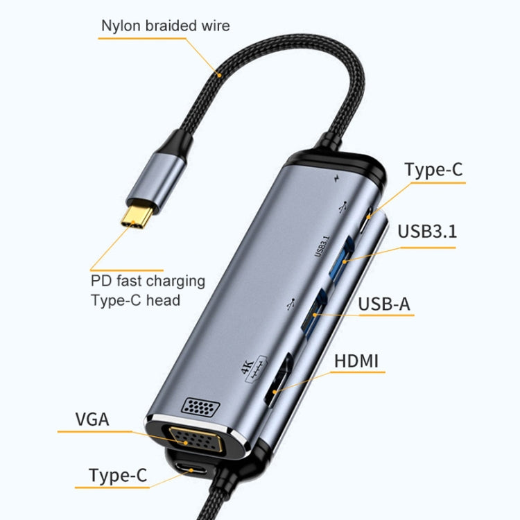 محول متعدد الوظائف 6 في 1 من نوع C إلى VGA+HDMI+USB مزدوج+USB-C مزدوج، Y002