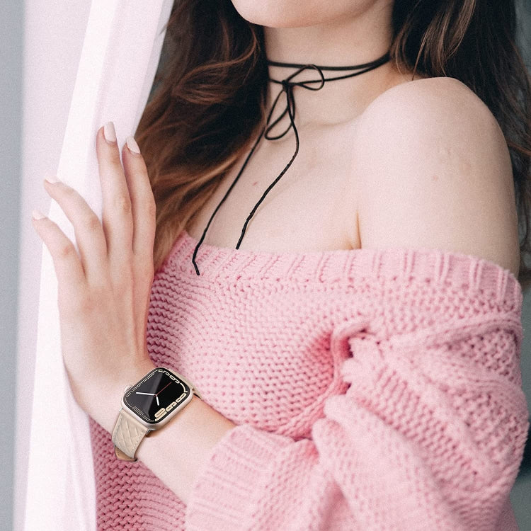 Rhombus Pattern Genuine Leather Watch Band For Apple Watch Series 8&7 45mm / SE 2&6&SE&5&4 44mm / 3&2&1 42mm, For Apple Watch Series 8&7 45mm / SE 2&6&SE&5&4 44mm / 3&2&1 42mm