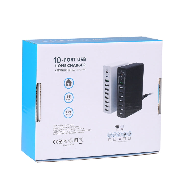 10 in 1 65W QC3.0 USB Smart Fast Charger, US Plug, UK Plug, AU Plug