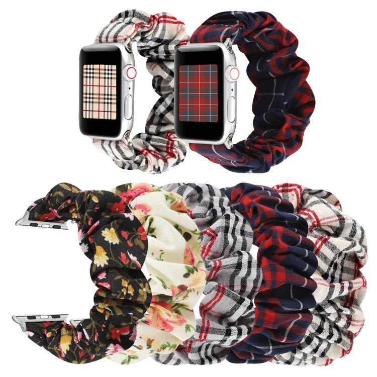 Plaid Flower Pattern Cloth Hair Ring Watchband, For Apple Watch Series 8&7 41mm / SE 2&6&SE&5&4 40mm / 3&2&1 38mm, For Apple Watch Ultra 49mm / Series 8&7 45mm / SE 2&6&SE&5&4 44mm / 3&2&1 42mm                                                           ...