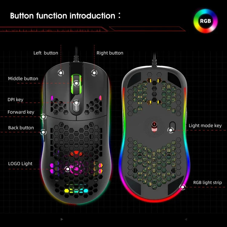 HXSJ X600 فأرة ألعاب سلكية بإضاءة RGB وعدد 6 مفاتيح وبرمجة ماكرو، X600