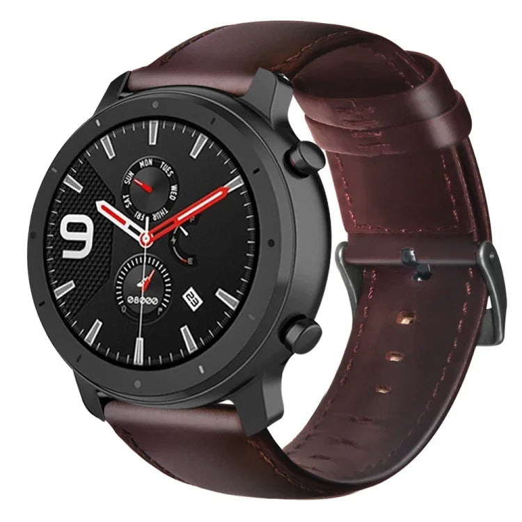 سوار ساعة من الجلد الطبيعي مشمع بالزيت، لساعات Amazfit GTR 47 مم / Pace / Stratos، لساعات Amazfit 2 Stratos، لساعات Ticwatch Pro / E2 / S2، لساعات Pebble الجيل الأول، لساعات Pebble Time