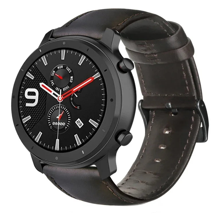 سوار ساعة من الجلد الطبيعي مشمع بالزيت، لساعات Amazfit GTR 47 مم / Pace / Stratos، لساعات Amazfit 2 Stratos، لساعات Ticwatch Pro / E2 / S2، لساعات Pebble الجيل الأول، لساعات Pebble Time