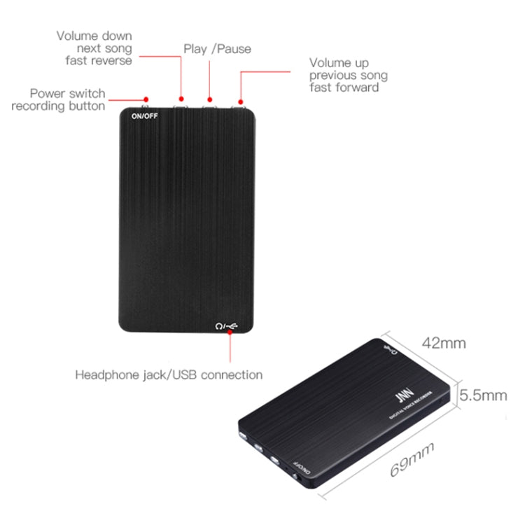 مسجل صوت ذكي رفيع جداً مع تقليل الضوضاء عالي الدقة وتحكم ذكي JNN M2، 4GB، 8GB، 16GB، 32GB، 64GB