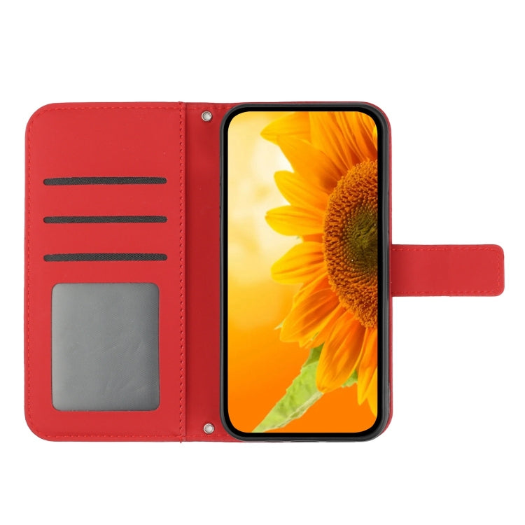 غطاء هاتف جلدي قابل للطي بنقش زهرة عباد الشمس مع حبل معصم، لهواتف iPhone 17e / 16e، iPhone 17 Pro Max، iPhone 17 Pro، iPhone 17