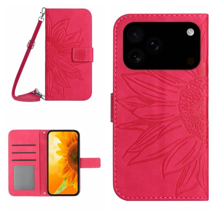 غطاء هاتف جلدي قابل للطي بنقش زهرة عباد الشمس مع حبل معصم، لهواتف iPhone 17e / 16e، iPhone 17 Pro Max، iPhone 17 Pro، iPhone 17