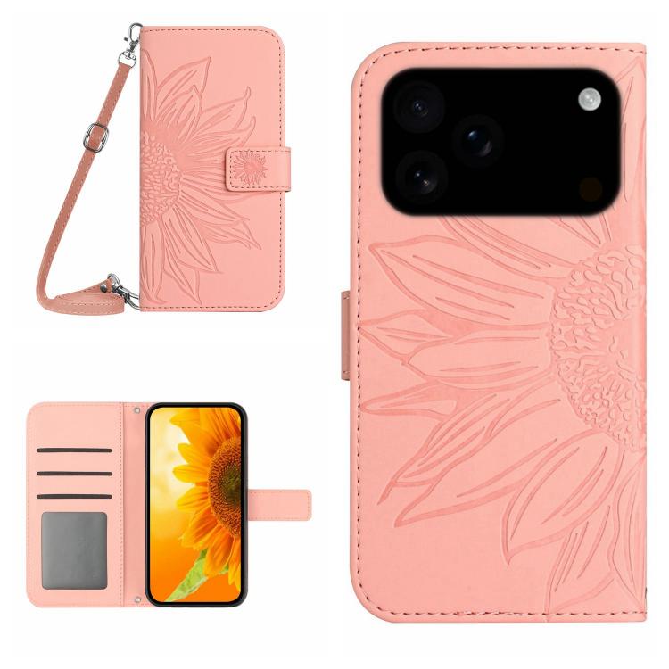 غطاء هاتف جلدي قابل للطي بنقش زهرة عباد الشمس مع حبل معصم، لهواتف iPhone 17e / 16e، iPhone 17 Pro Max، iPhone 17 Pro، iPhone 17