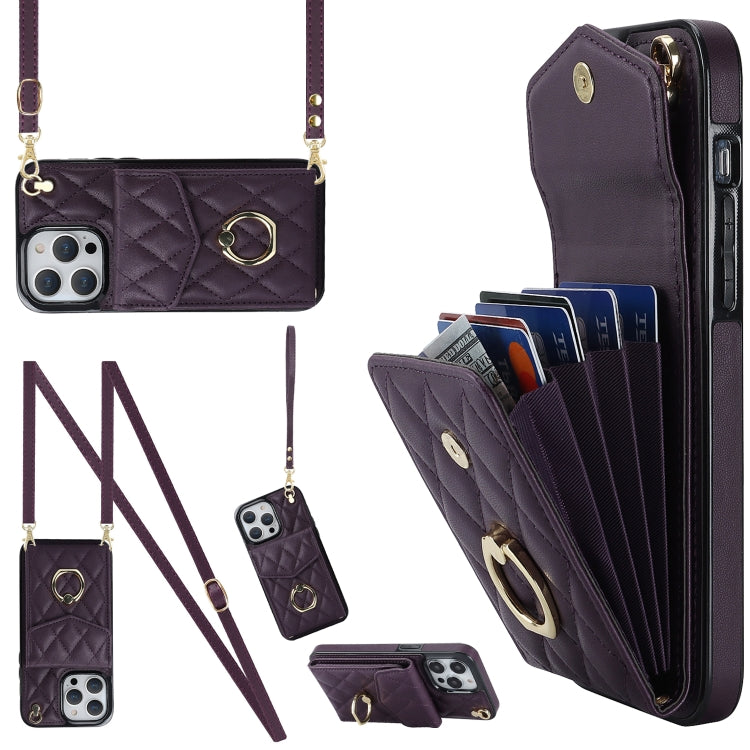 Rhombic Texture Card Bag Phone Case with Long Lanyard, For iPhone 14 Pro Max, For iPhone 13 Pro Max, For iPhone 13 Pro, For iPhone 13, For iPhone 12 / 12 Pro, For iPhone 12 Pro Max