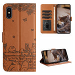 غطاء هاتف من الجلد بنقش قطة مع حبل معصم، لهواتف iPhone 11 Pro، وiPhone XS Max، وiPhone X، وiPhone 7 Plus / 8 Plus
