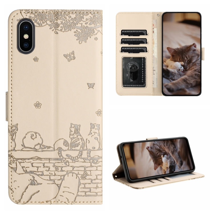 غطاء هاتف من الجلد بنقش قطة مع حبل معصم، لهواتف iPhone 11 Pro، وiPhone XS Max، وiPhone X، وiPhone 7 Plus / 8 Plus