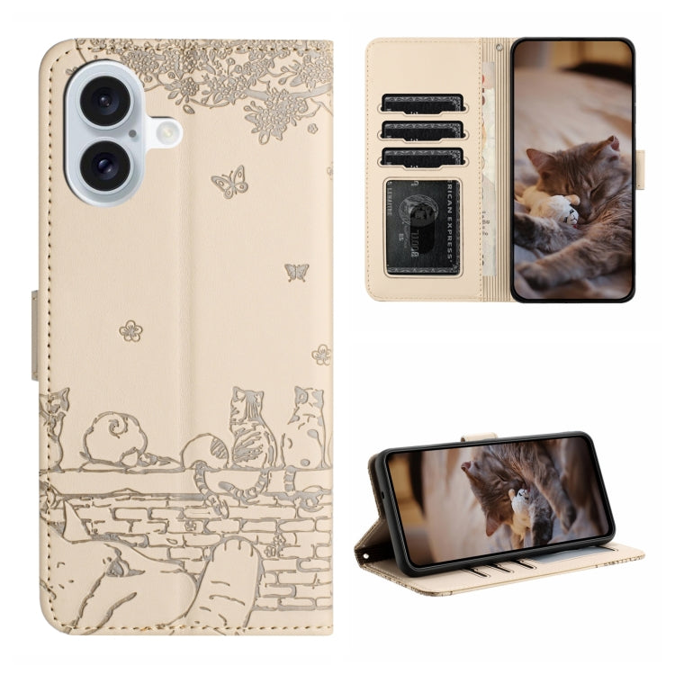 Cat Embossing Pattern Leather Phone Case with Lanyard, For iPhone 16e / 17e, For iPhone 17 Pro Max, For iPhone 17 Pro, For iPhone 17, For iPhone Air, For iPhone 16 Pro Max, For iPhone 16 Pro, For iPhone 16 Plus, For iPhone 16