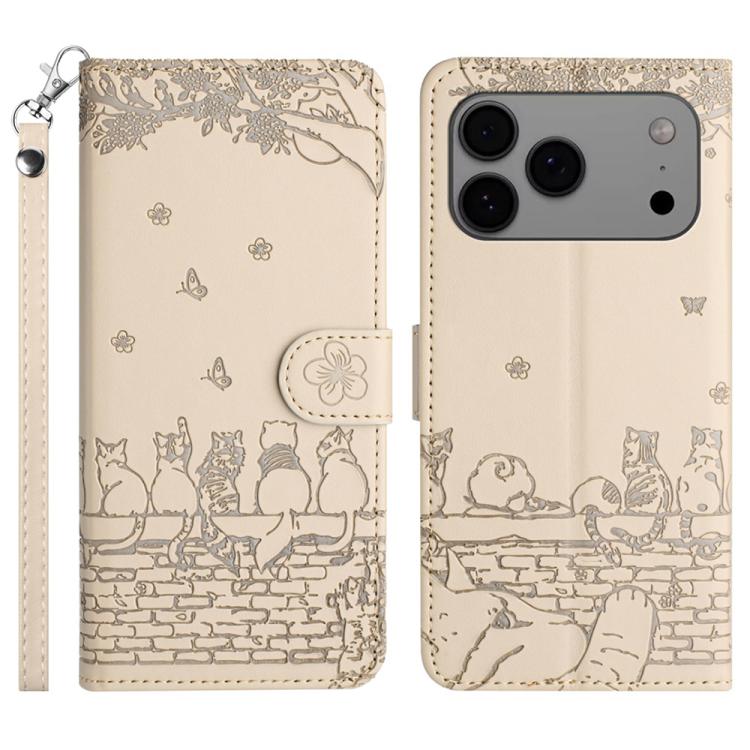 Cat Embossing Pattern Leather Phone Case with Lanyard, For iPhone 16e / 17e, For iPhone 17 Pro Max, For iPhone 17 Pro, For iPhone 17, For iPhone Air, For iPhone 16 Pro Max, For iPhone 16 Pro, For iPhone 16 Plus, For iPhone 16
