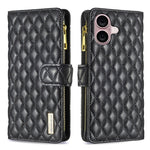 Diamond Lattice Zipper Wallet Leather Flip Phone Case, For iPhone 17 Pro Max, For iPhone 17 Pro, For iPhone 17, For iPhone Air, For iPhone 16 Pro Max, For iPhone 16 Pro, For iPhone 16 Plus, For iPhone 16