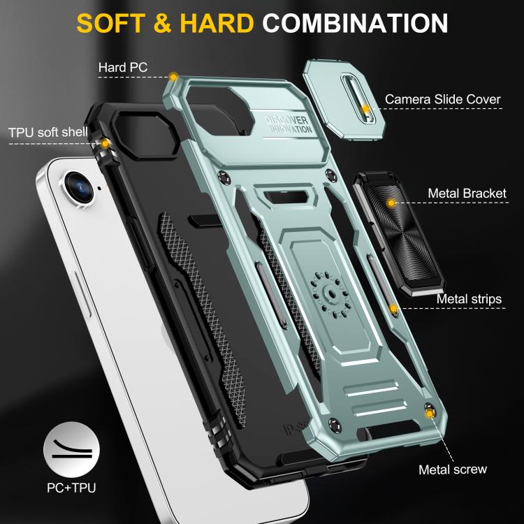 غطاء هاتف بدرع كاميرا من PC + TPU، لهواتف iPhone 17e / 16e، iPhone 17 Pro Max، iPhone 17 Pro، iPhone 17، iPhone Air، iPhone 16 Pro Max
