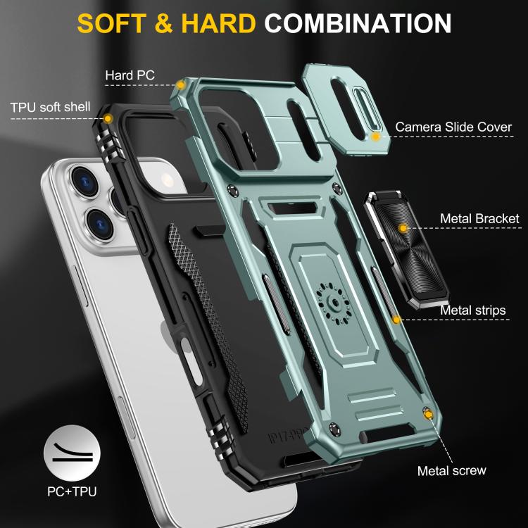 غطاء هاتف بدرع كاميرا من PC + TPU، لهواتف iPhone 17e / 16e، iPhone 17 Pro Max، iPhone 17 Pro، iPhone 17، iPhone Air، iPhone 16 Pro Max