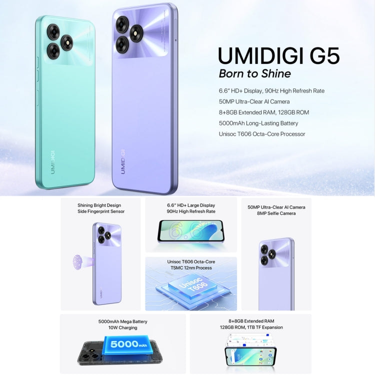 UMIDIGI G5, Face ID & Side Fingerprint Identification, 6.6 inch Android 13 Unisoc T606 Octa Core, Network: 4G, 8GB+128GB