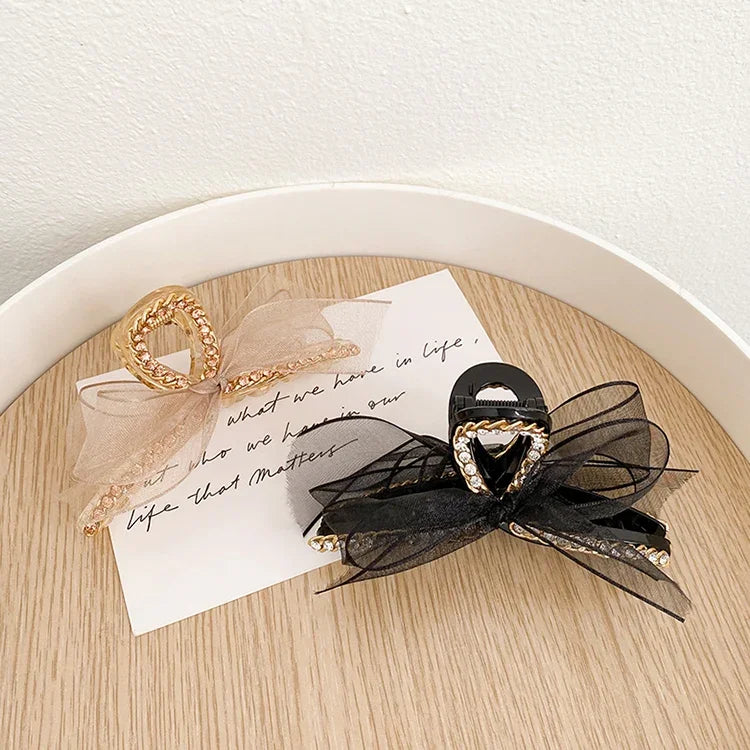 French Style Hairpin Gripper Mesh Lace Bowknot Rhinestone Hairpin