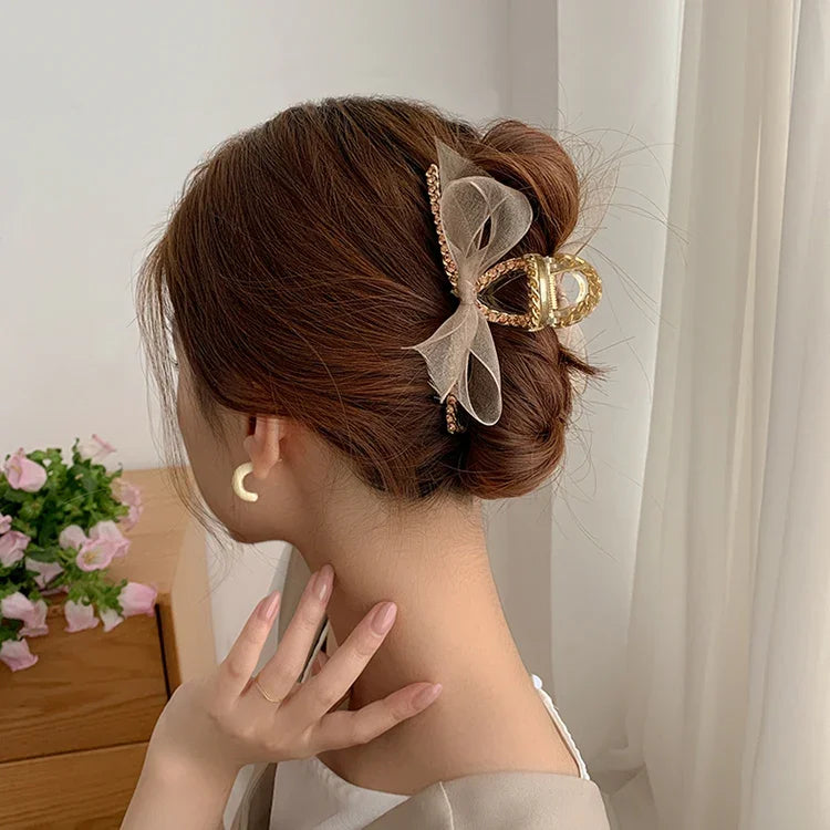 French Style Hairpin Gripper Mesh Lace Bowknot Rhinestone Hairpin