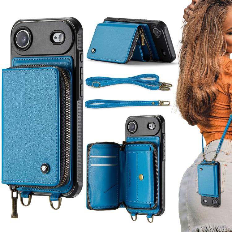 JEEHOOD C22 Series Zipper Wallet Leather Phone Case with Dual Lanyard, For iPhone 17 Pro Max, For iPhone 17 Pro, For iPhone Air, For iPhone 16 Pro Max, For iPhone 16 Pro, For iPhone 16 Plus, For iPhone 16, For iPhone 15 Pro Max