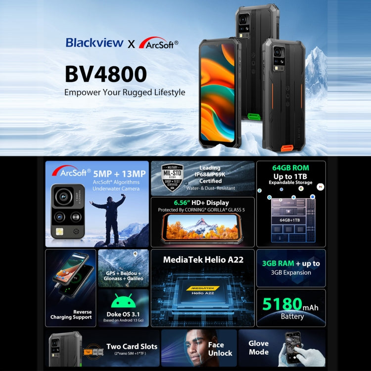 Blackview BV4800, IP68/IP69K/MIL-STD-810H, 6.56 inch Android 13 MediaTek MT6761V/WB Helio A22 Quad Core, Network: 4G, OTG, BV4800 3GB+64GB