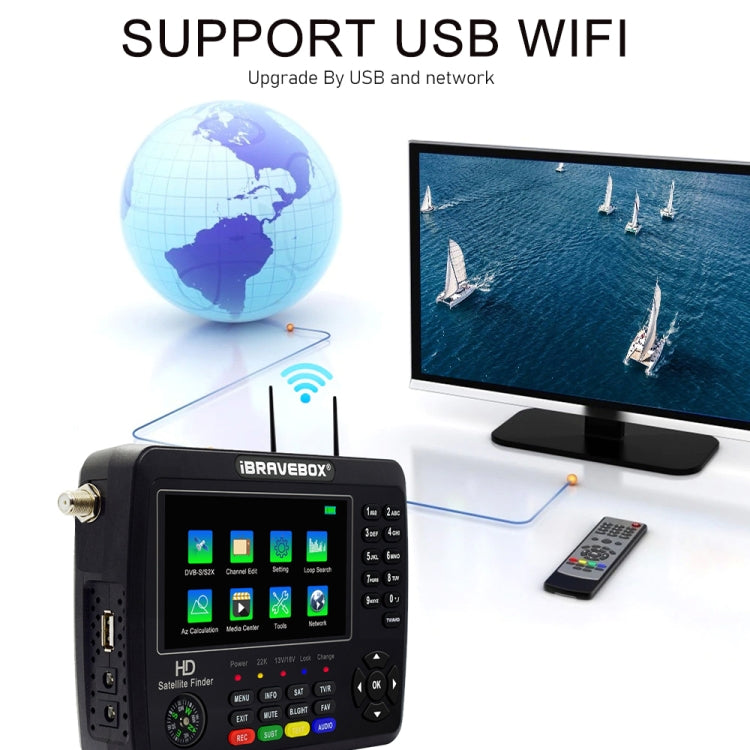 جهاز قياس إشارة الأقمار الصناعية الرقمي iBRAVEBOX V10 Finder Max+ بشاشة 4.3 بوصة، يدعم DVB-S/S2/S2X AHD، قابس الاتحاد الأوروبي، الولايات المتحدة، المملكة المتحدة، أستراليا