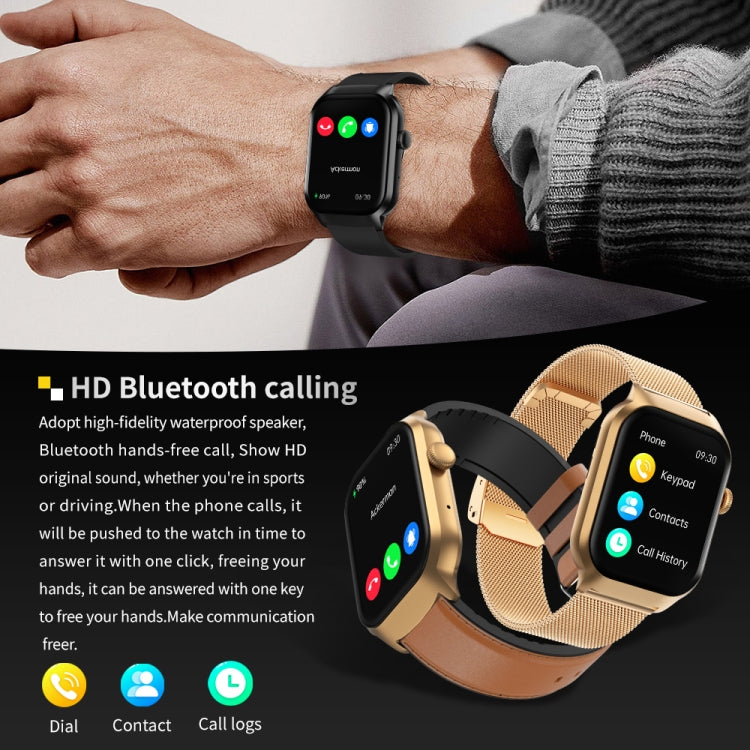Smartwatch mit 2,01 Zoll Durchmesser, Lederarmband, Bluetooth-Anruffunktion, Herzfrequenzmessung/nicht-invasiver Blutzuckermessung, Lederarmband schwarz, Lederarmband braun