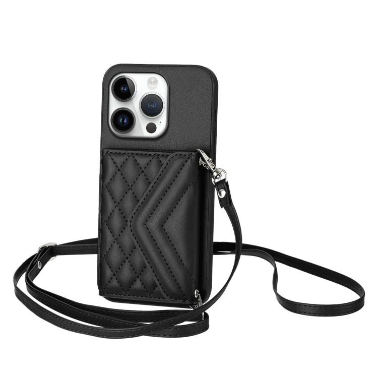 Rhombic Texture Card Bag RFID Phone Case with Long Lanyard, For iPhone 17 Pro Max, For iPhone 17 Pro, For iPhone 17, For iPhone Air, For iPhone 16 Pro Max, For iPhone 16 Pro, For iPhone 16 Plus, For iPhone 16