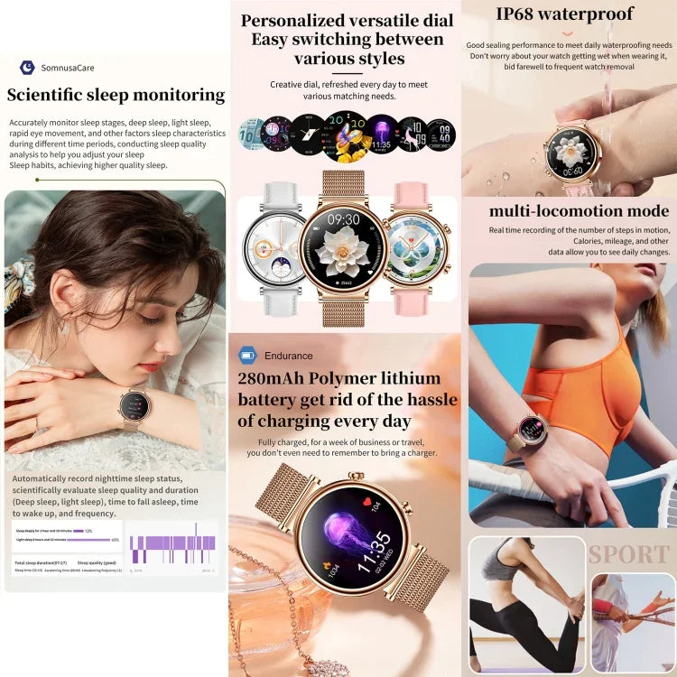 T86 Woman Health 1.27 inch Smart Watch, BT Call / Physiological Cycle / Heart Rate / Blood Pressure / Blood Glucose / SOS