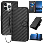 غطاء هاتف من جلد ألياف الكربون مع إبزيم وحبل معصم YX0070، لهواتف iPhone 16 Pro، iPhone 16 Plus، iPhone 16، iPhone 15 Pro Max، iPhone 15 Pro، iPhone 15 Plus