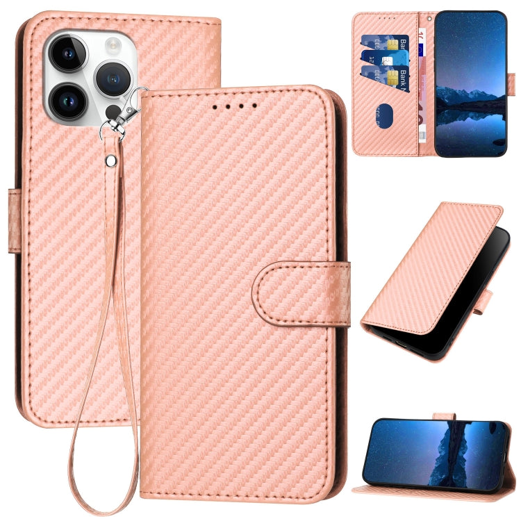 غطاء هاتف من جلد ألياف الكربون مع إبزيم وحبل معصم YX0070، لهواتف iPhone 16 Pro، iPhone 16 Plus، iPhone 16، iPhone 15 Pro Max، iPhone 15 Pro، iPhone 15 Plus