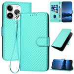غطاء هاتف من جلد ألياف الكربون مع إبزيم وحبل معصم YX0070، لهواتف iPhone 16 Pro، iPhone 16 Plus، iPhone 16، iPhone 15 Pro Max، iPhone 15 Pro، iPhone 15 Plus